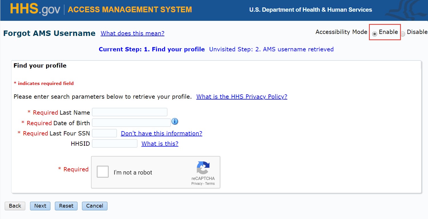 Accessibility Mode: Enable on Forgot AMS Username page